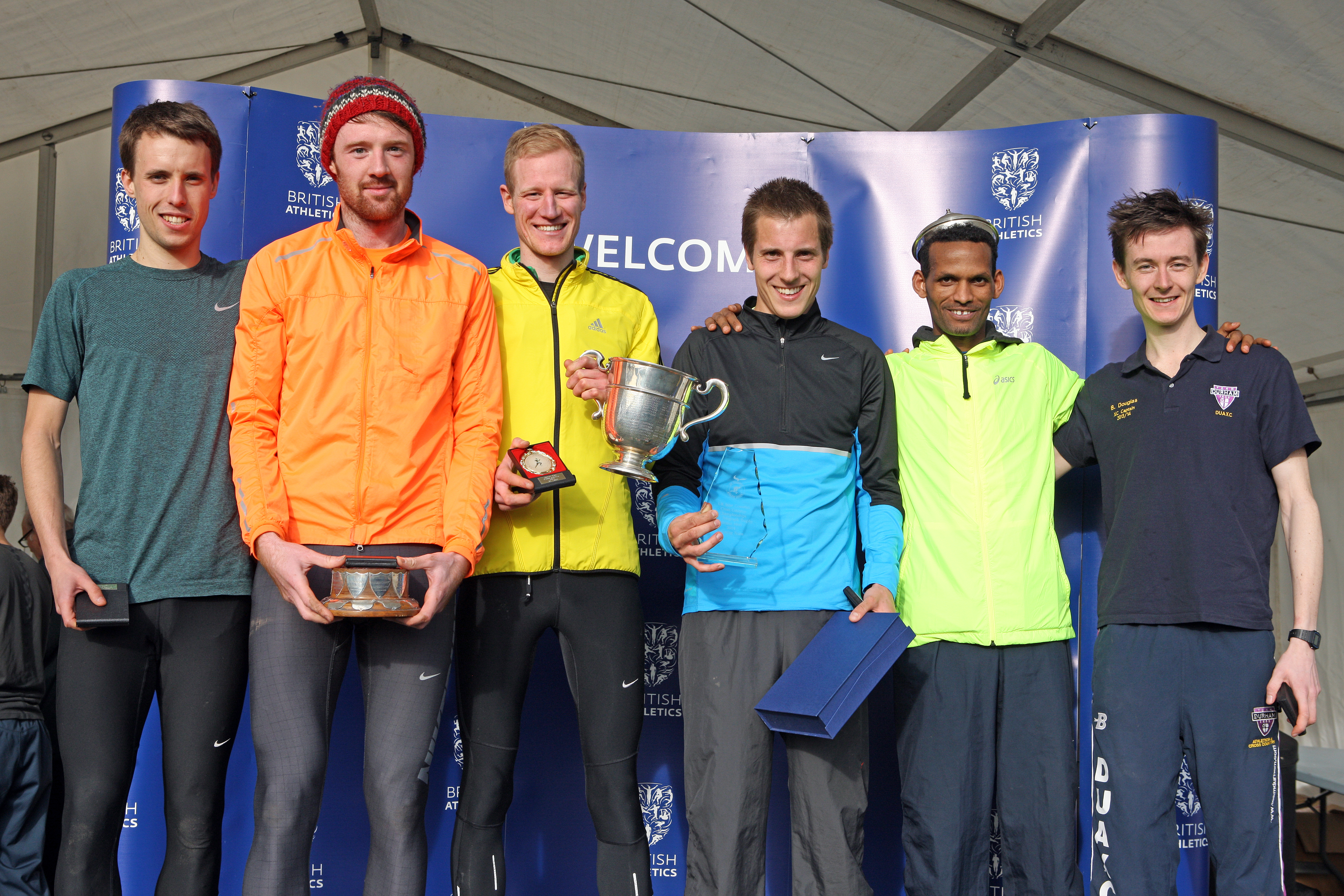 North East winning senior team, from left to right: Carl Smith, Richard Morrell, Dan Garbutt, Lewis Timmins, Yared Hagos and Ben Douglas, Inter Counties Cross Country, Cofton Park, Birmingham. Photo: David T. Hewitson/Sports for All Pics